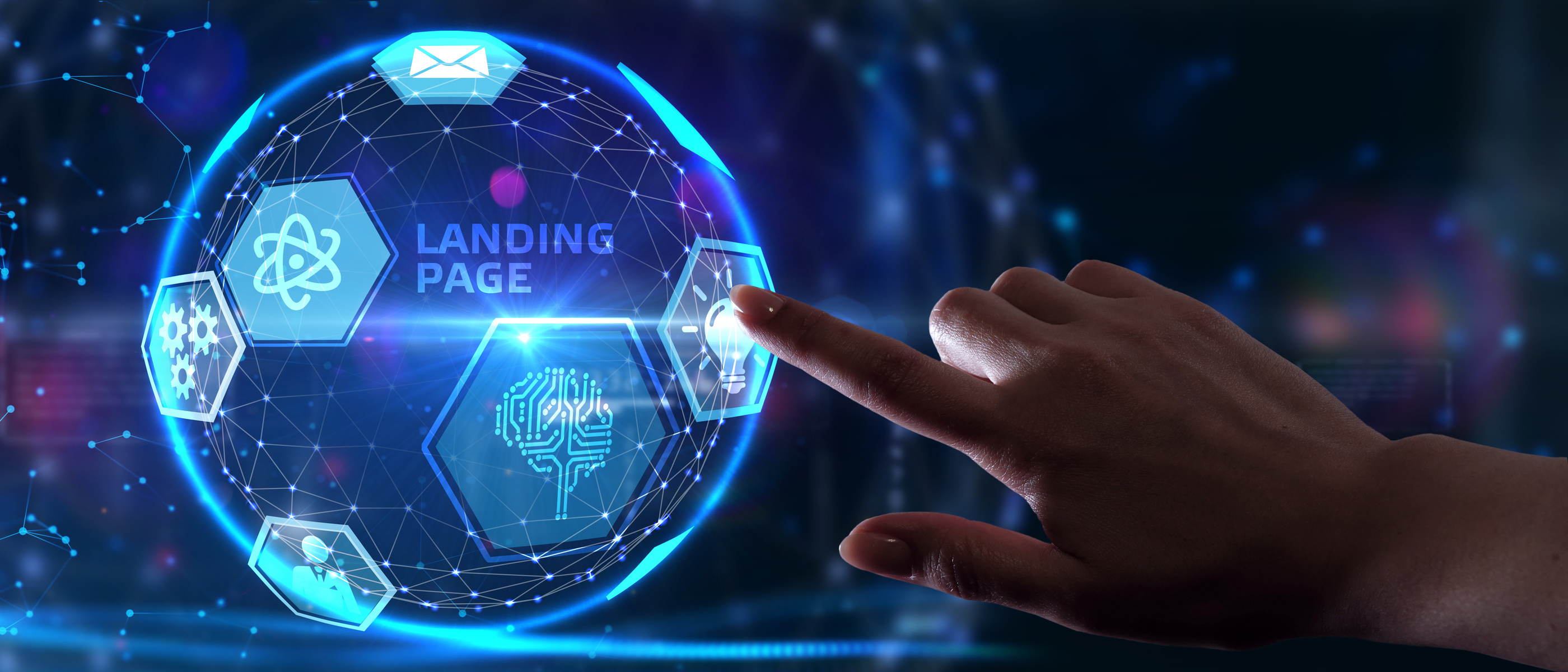 Businessman presses button landing page on virtual screens. Business, Technology, Internet and network concept.